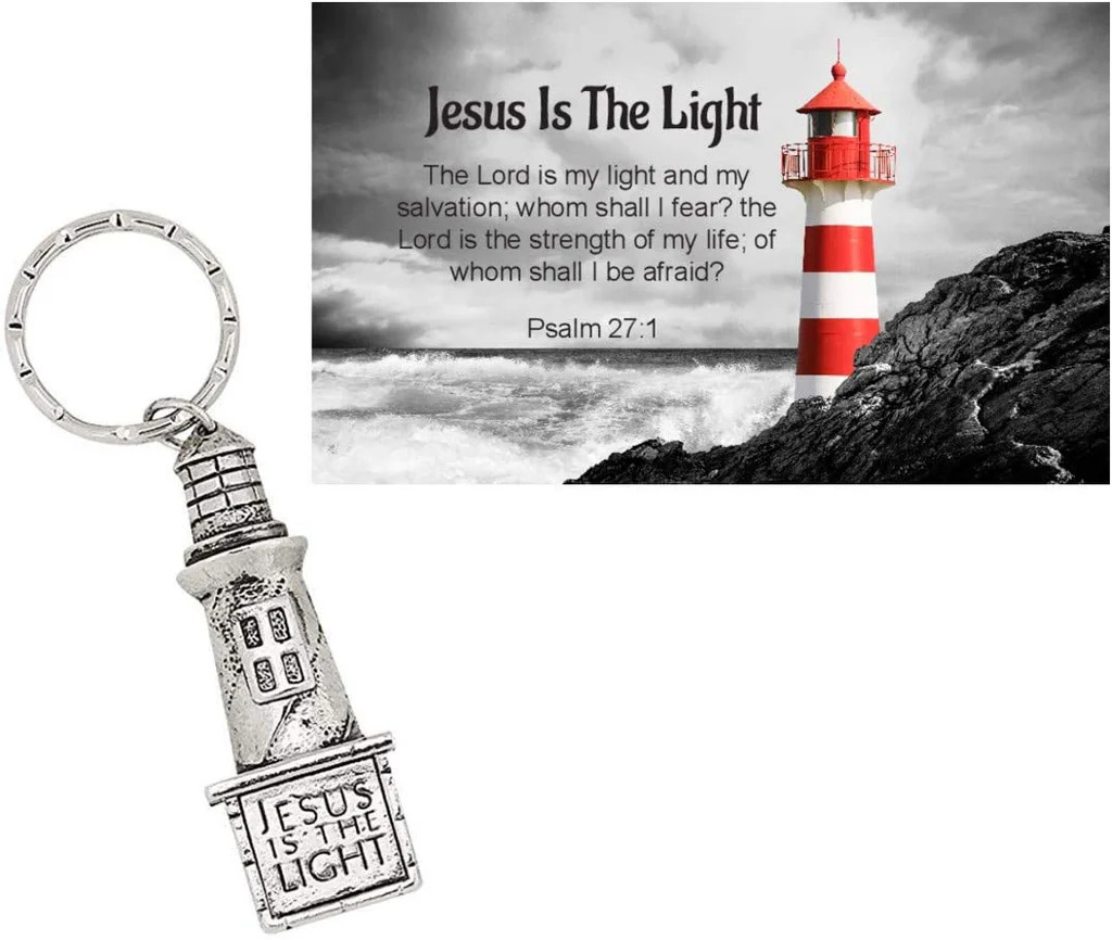 12 Count Jesus Is The Light Pewter Lighthouse keychains with Prayer Cards - Christian Father's Day Gifts